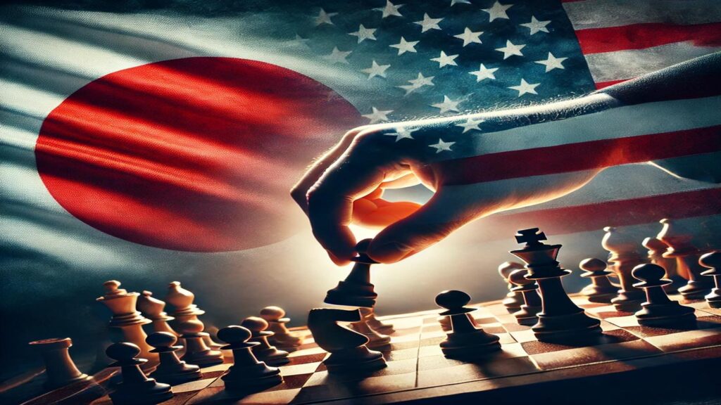 A dramatic composite image featuring the Japanese and U.S. flags blending together in the background, with a chessboard in the foreground where a hand moves a key piece, symbolizing political strategy and diplomacy