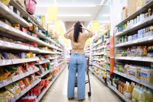 A woman in a Japanese supermarket holds her head in frustration while looking at grocery shelves, symbolizing rising prices and inflation concerns.